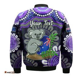 Custom Personalised Australia Koala Aboriginal Bomber Jacket Koala Hugging Rugby Ball Purple