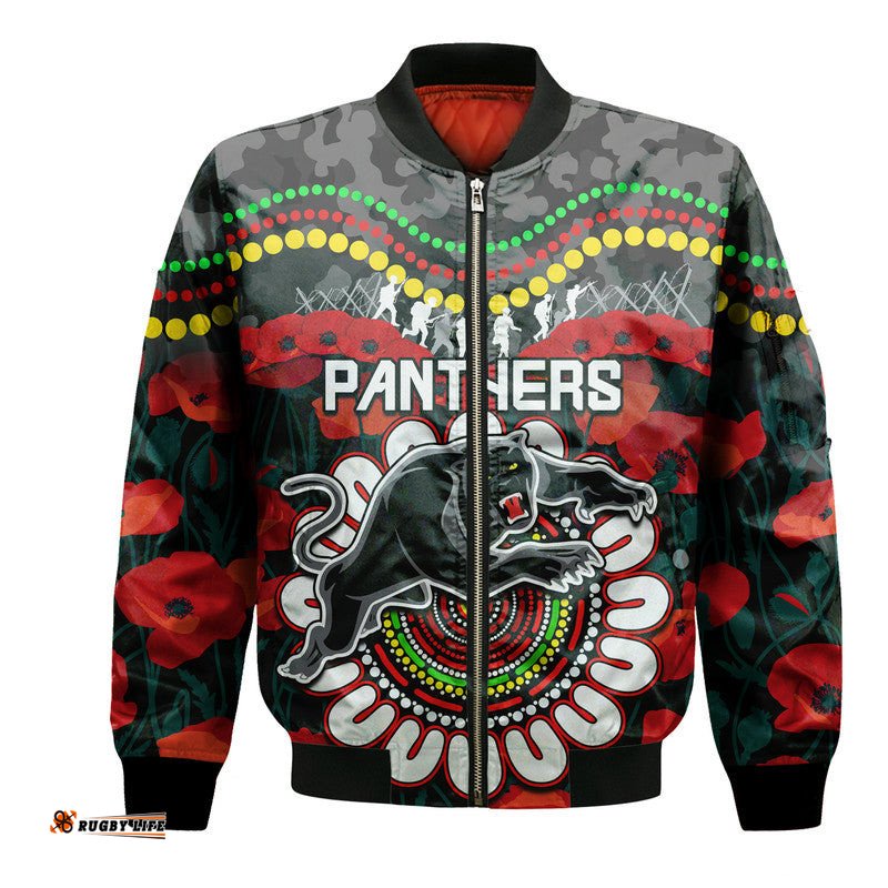 Custom Personalised Panthers Rugby ANZAC Bomber Jacket Camouflage Poppy