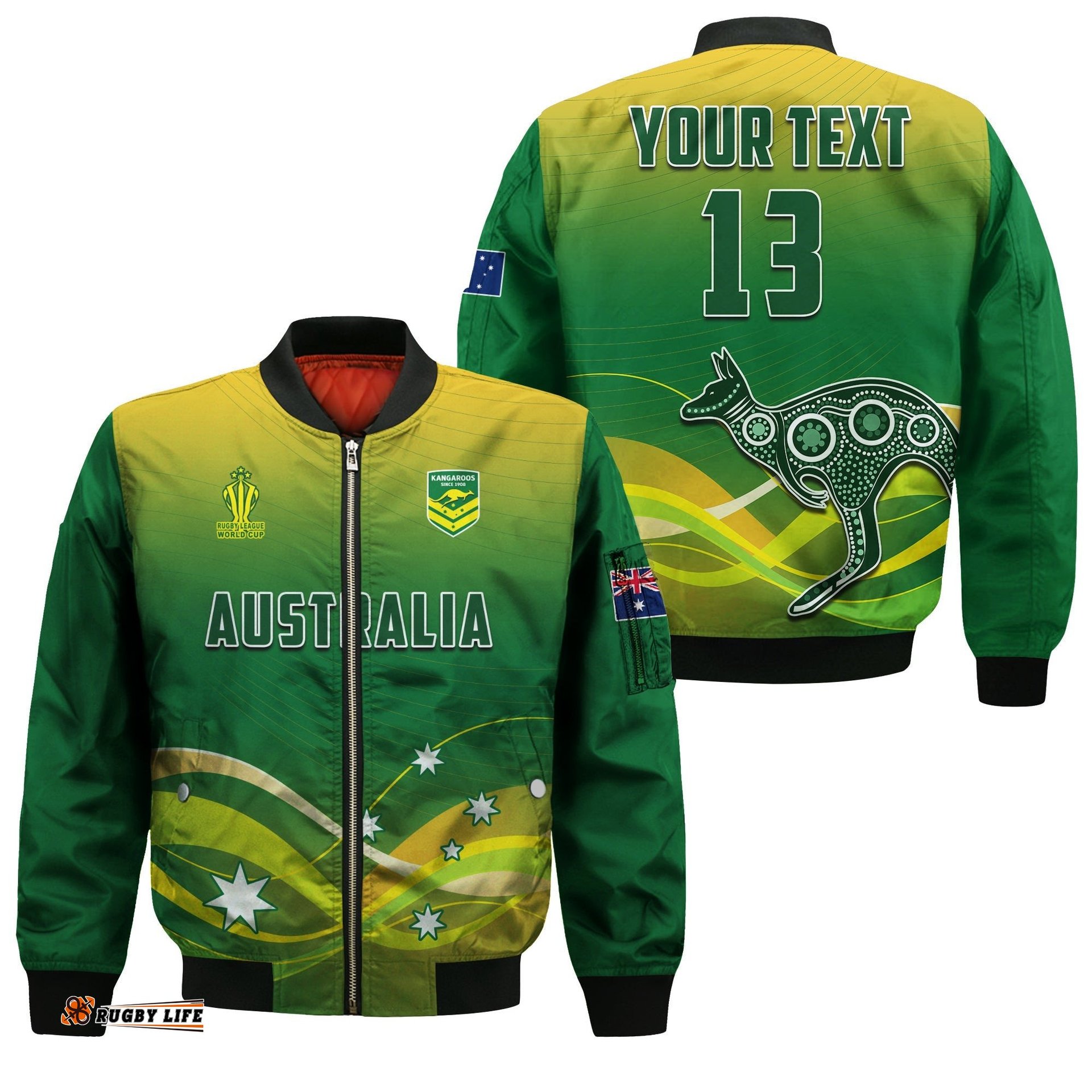 Custom Text and Number Australia Rugby Bomber Jacket Champions RLWC Kangaroos World Cup Rugby