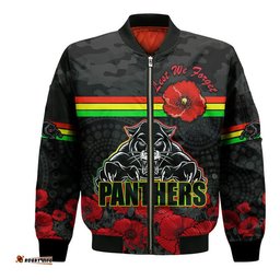Panthers Rugby ANZAC Bomber Jacket Angry Panther Camouflage With Poppy