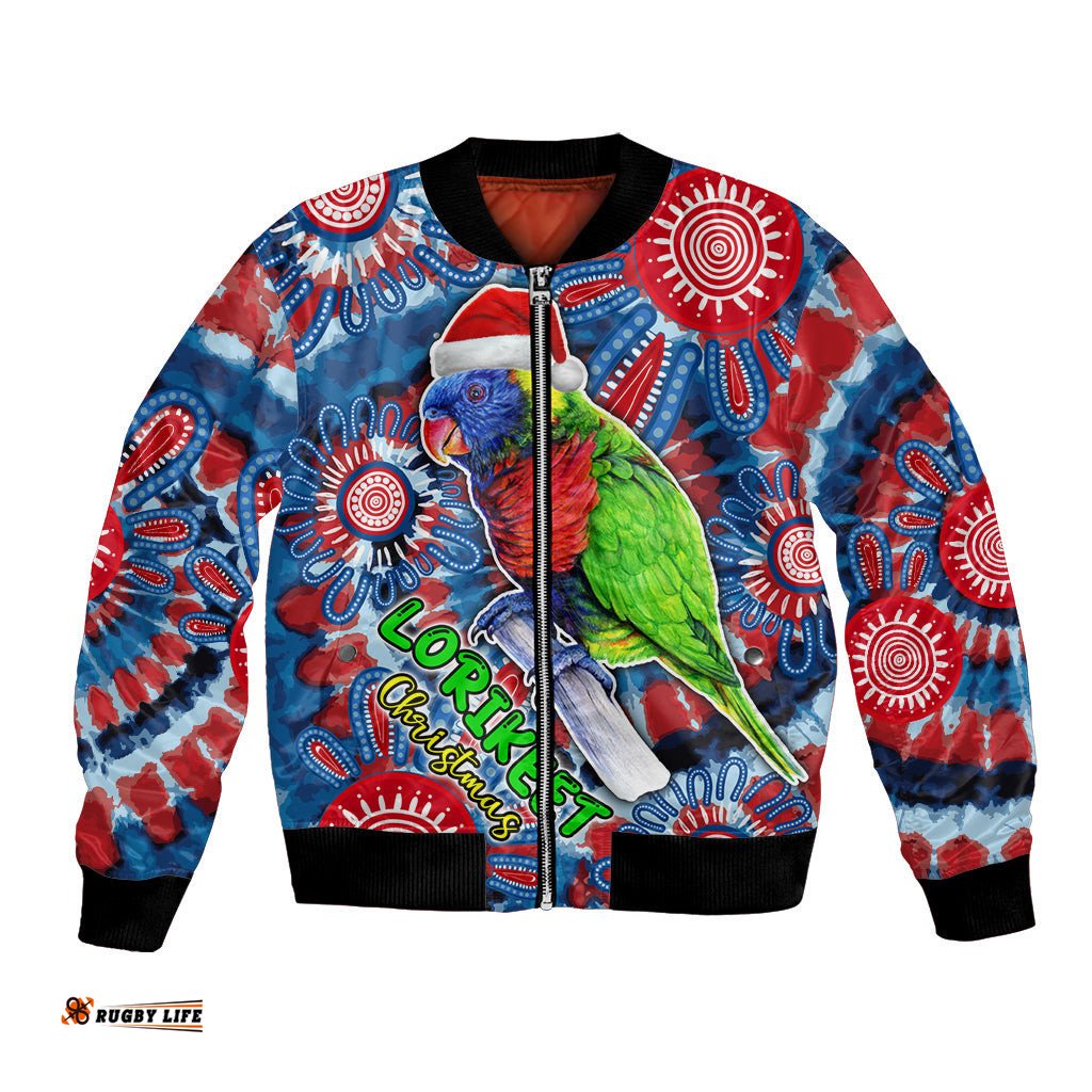 Australia Lorikeet Aboriginal Rainbow Tie Dye Merry Christmas Bomber Jacket