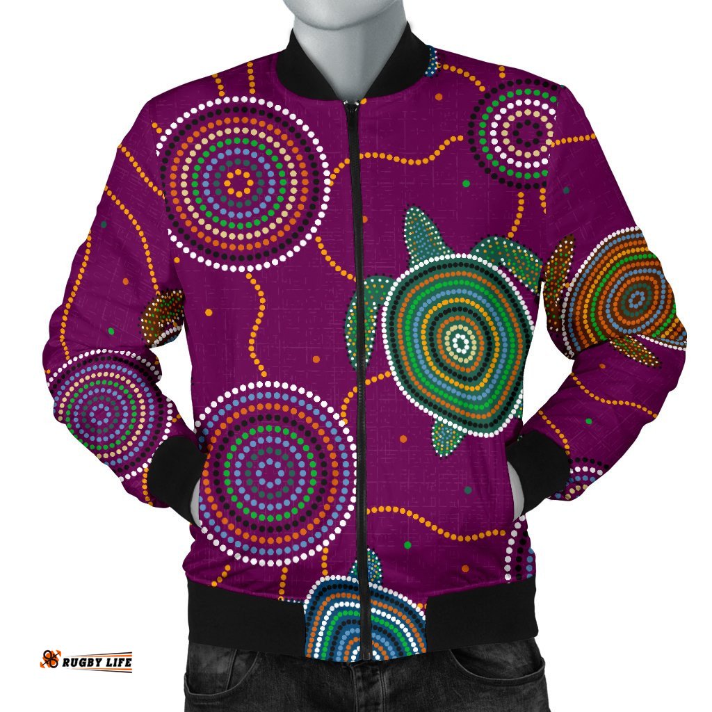 Men Bomber Jacket - Aboriginal Turtle Purple Australia Dot Patterns