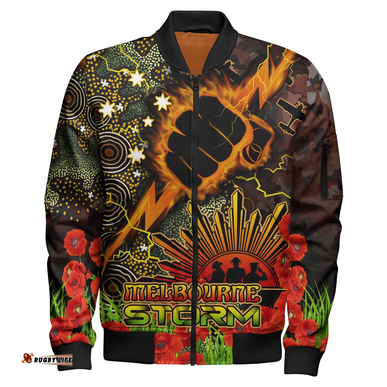 Storm Rugby Bomber Jacket - Custom Anzac Storm with Remembrance Poppy and Indigenous Patterns Bomber Jacket RLT13