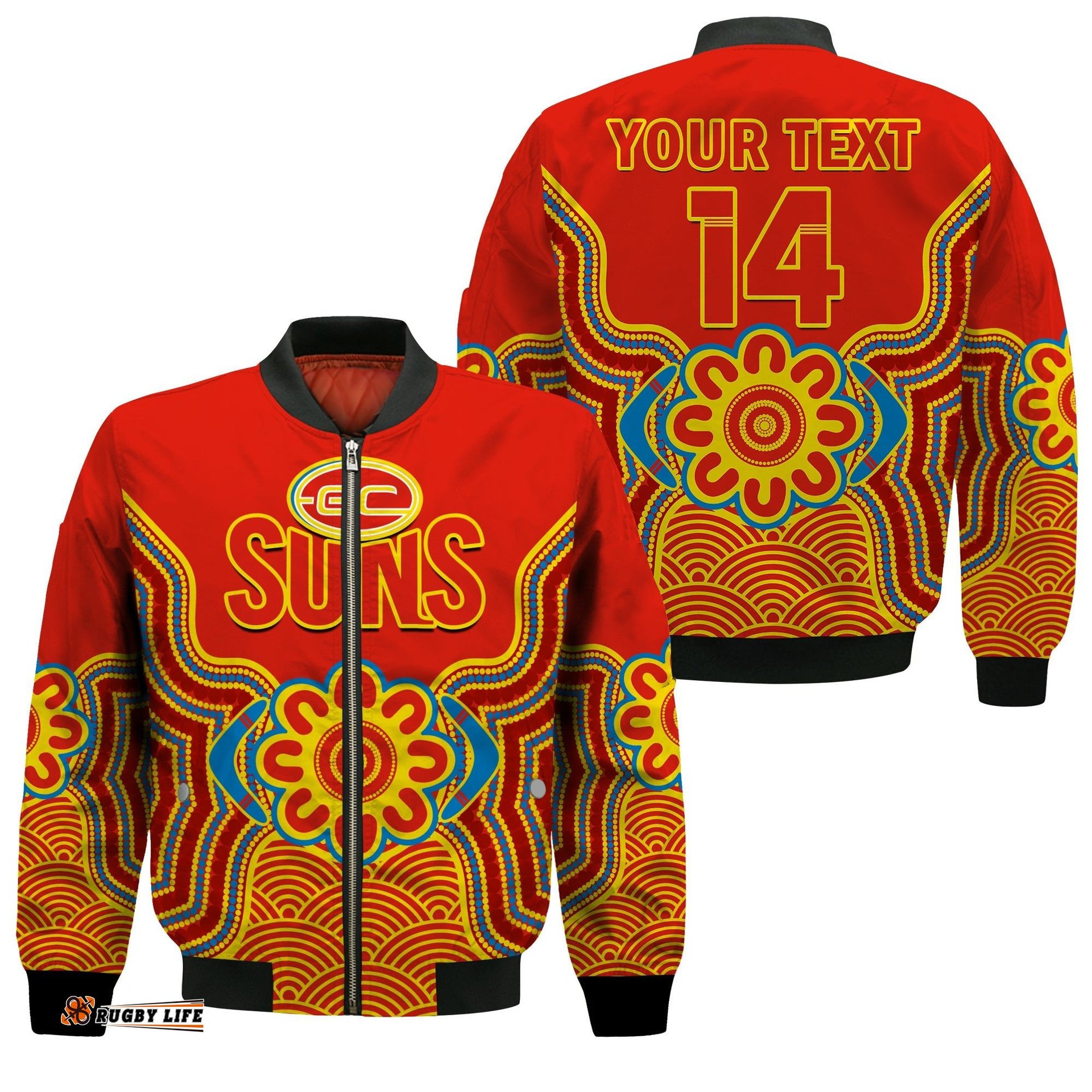 Custom Text And Number Gold Coast Football Bomber Jacket Suns Indigenous Pattern