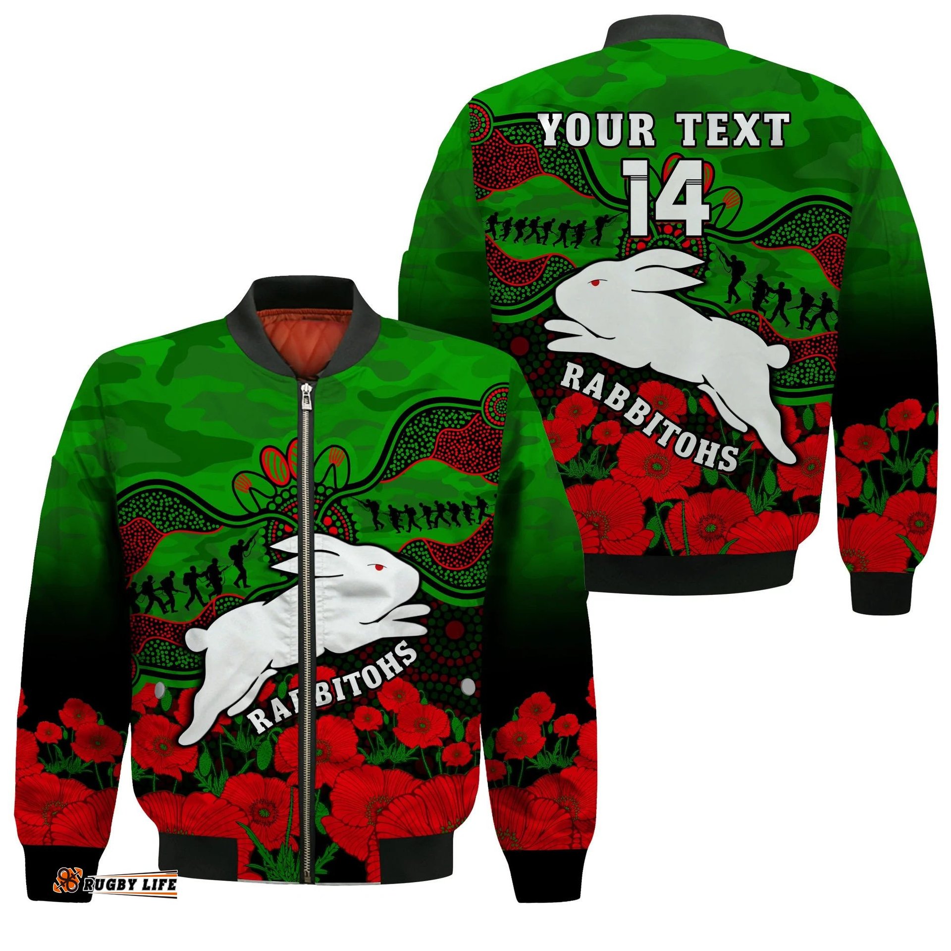 Custom Text And Number Rabbitohs Rugby ANZAC Bomber Jacket South Sydney Camouflage Poppy Aboriginal