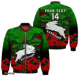 Custom Text And Number Rabbitohs Rugby ANZAC Bomber Jacket South Sydney Camouflage Poppy Aboriginal