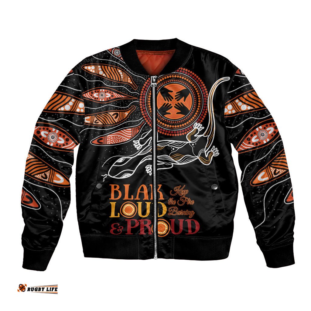 Australia NAIDOC 2024 Bomber Jacket Blak Loud and Proud Aboriginal Lizard Art