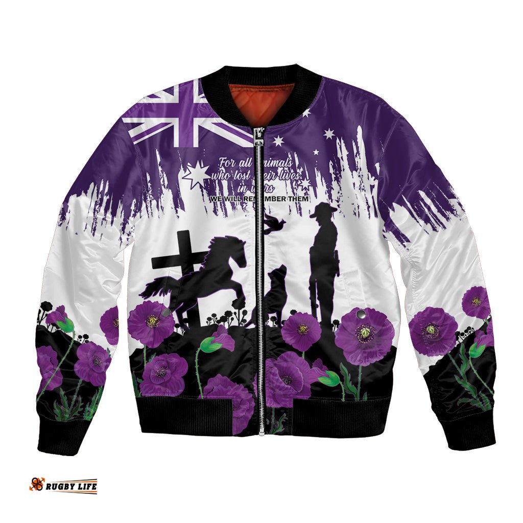 Australia Animal Heroes ANZAC Bomber Jacket Purple Poppy We Will Remember Them