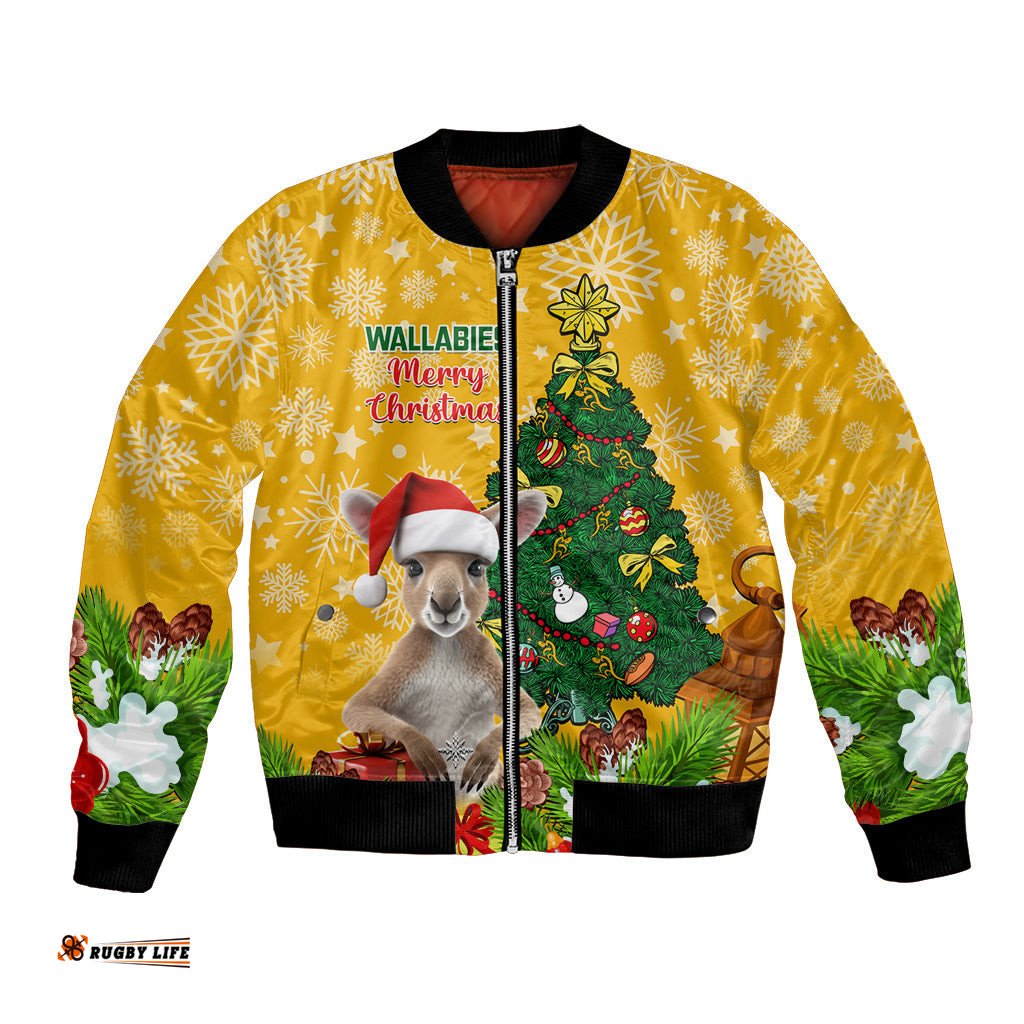 Personalised Wallabies Rugby Christmas Bomber Jacket Merry Xmas With Australian Kangaroo