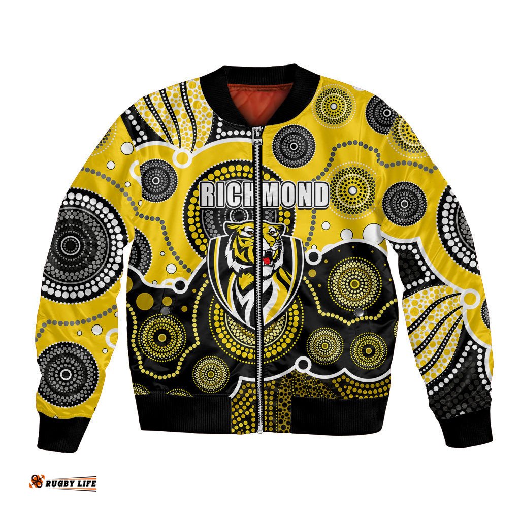 Custom Personalised And Number Yellow AFL Bomber Jacket Aboriginal Patterns