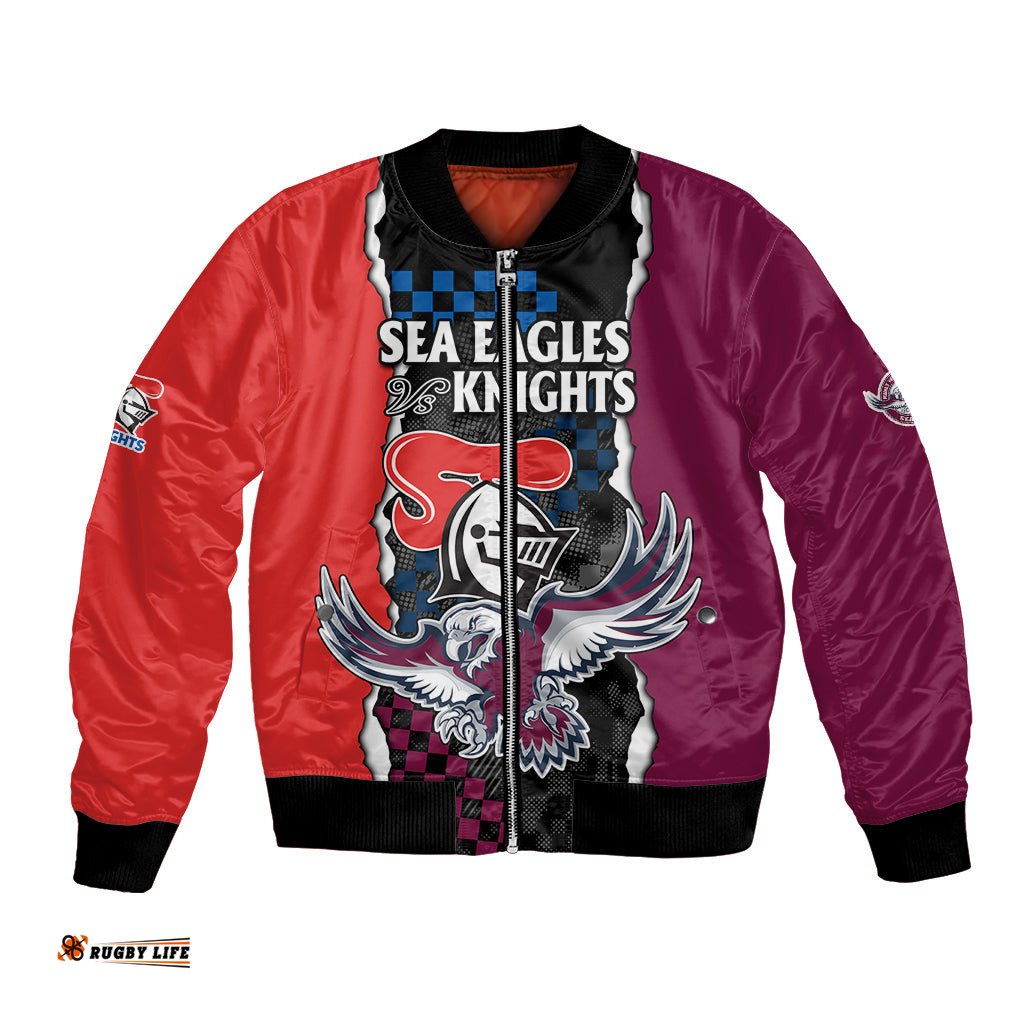 Custom Text And Number NRL Combine Knights Sea Eagles Bomber Jacket Sporty Style