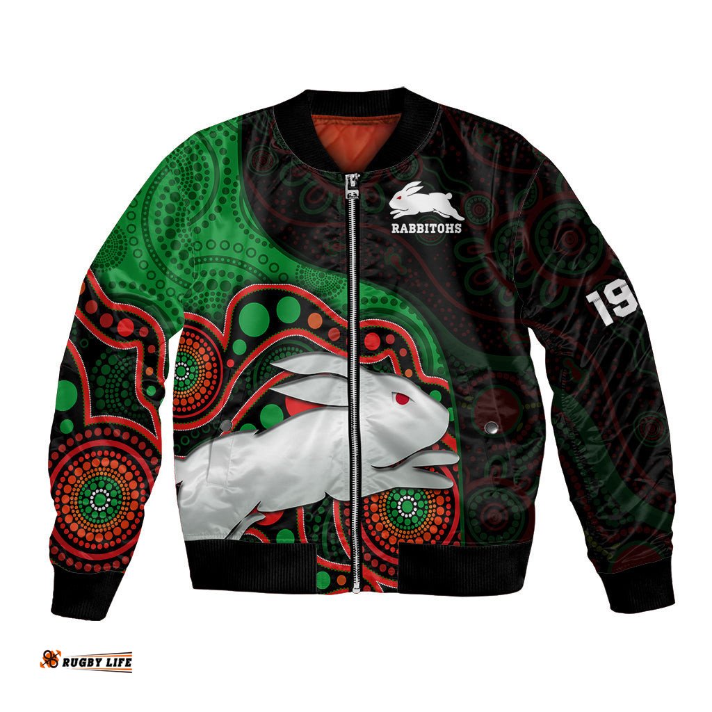 Custom Text And Number Rabbitohs Rugby Bomber Jacket Go Souths Indigenous Art