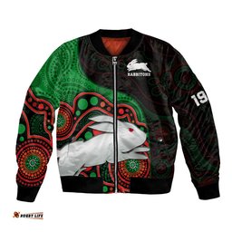 Custom Text And Number Rabbitohs Rugby Bomber Jacket Go Souths Indigenous Art