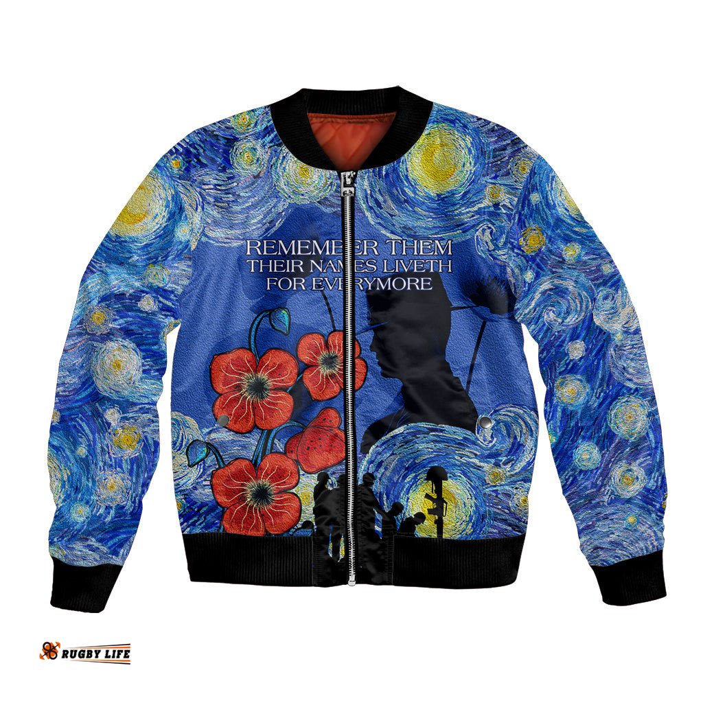 Remember Them ANZAC day Bomber Jacket Soldier In Starry Night Oil Paint Style