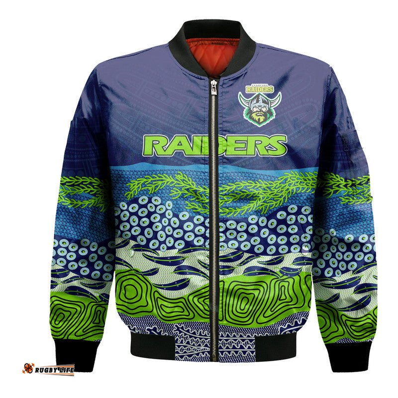 Custom Text And Number Canberra The Green Machine Raiders Boomerang Indigenous Bomber Jacket