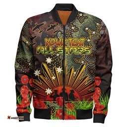 All Stars Rugby Bomber Jacket - Custom Anzac All Stars with Remembrance Poppy and Indigenous Patterns Bomber Jacket RLT13