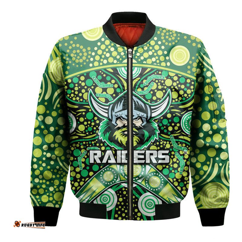 Custom Personalised Raiders Rugby Bomber Jacket Boomerang Indigenous Dots