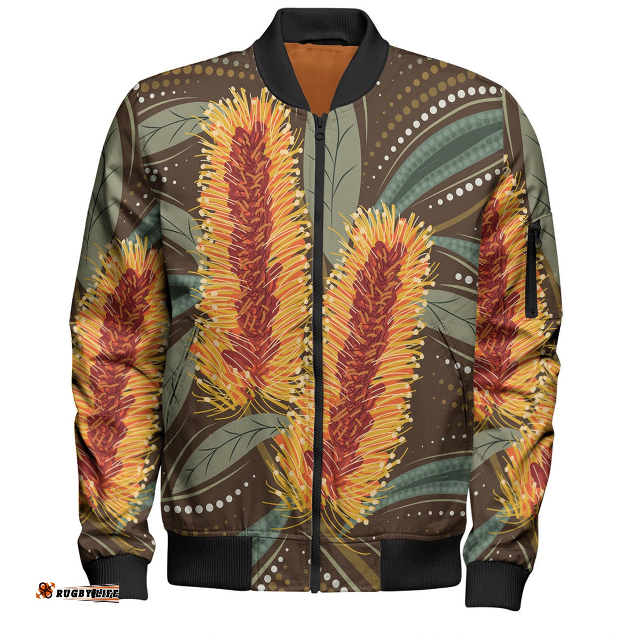 Australia Flowers Aboriginal Bomber Jacket - Aboriginal Dot Art With Yellow Banksia Flower Bomber Jacket