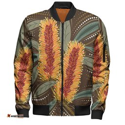 Australia Flowers Aboriginal Bomber Jacket - Aboriginal Dot Art With Yellow Banksia Flower Bomber Jacket