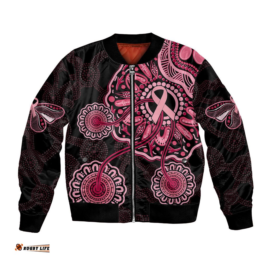 Australia Indigenous Bomber Jacket Breast Cancer Ribbon Aboriginal Art - Black