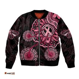 Australia Indigenous Bomber Jacket Breast Cancer Ribbon Aboriginal Art - Black