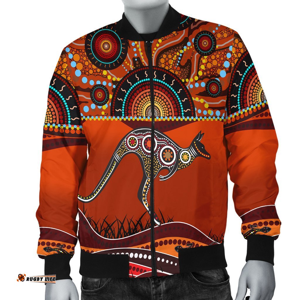 Aboriginal Men's Bomber Jacket - Kangaroo With Dot Painting
