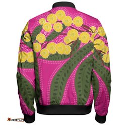 Australia Flowers Aboriginal Bomber Jacket - Australian Yellow Wattle Flowers Painting In Aboriginal Dot Art Style Bomber Jacket