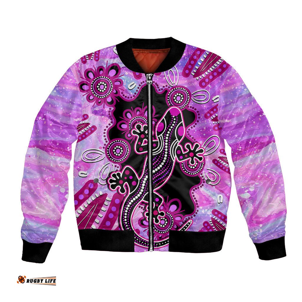 Australia Bomber Jacket Aussie Opal Pattern With Lizard Aboriginal Art - Pink