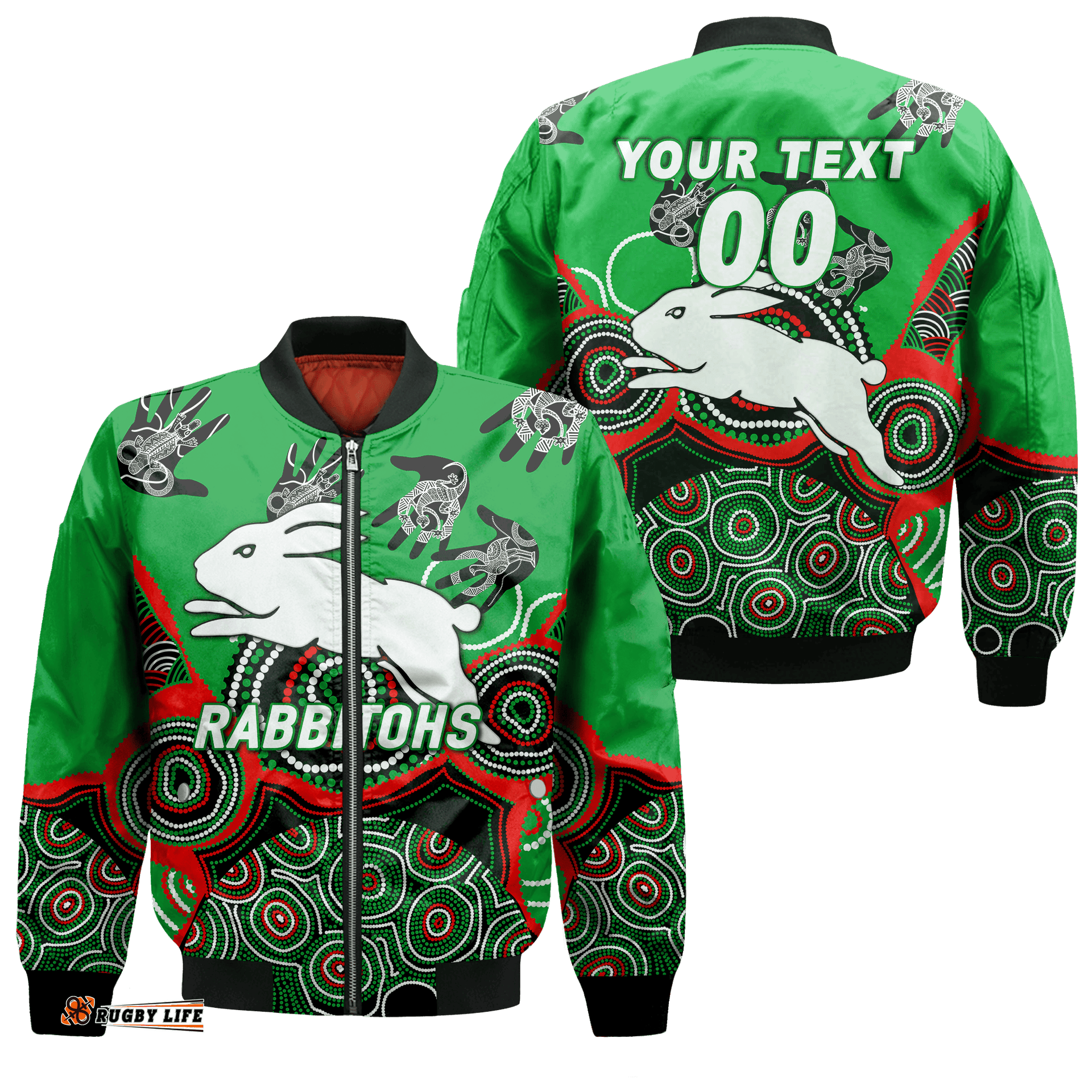 Custom Personalised Rabbitohs Rugby Aboriginal Art Bomber Jacket