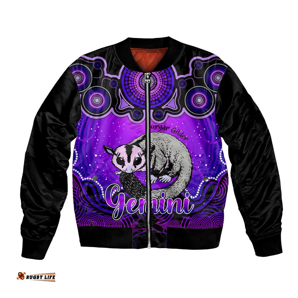 Personalised Australia Gemini Sugar Gilder Zodiac Bomber Jacket Auz Astrology Aboriginal - Purple