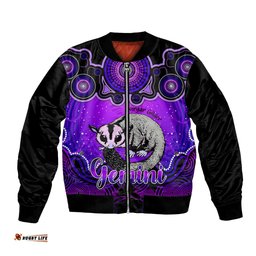 Personalised Australia Gemini Sugar Gilder Zodiac Bomber Jacket Auz Astrology Aboriginal - Purple