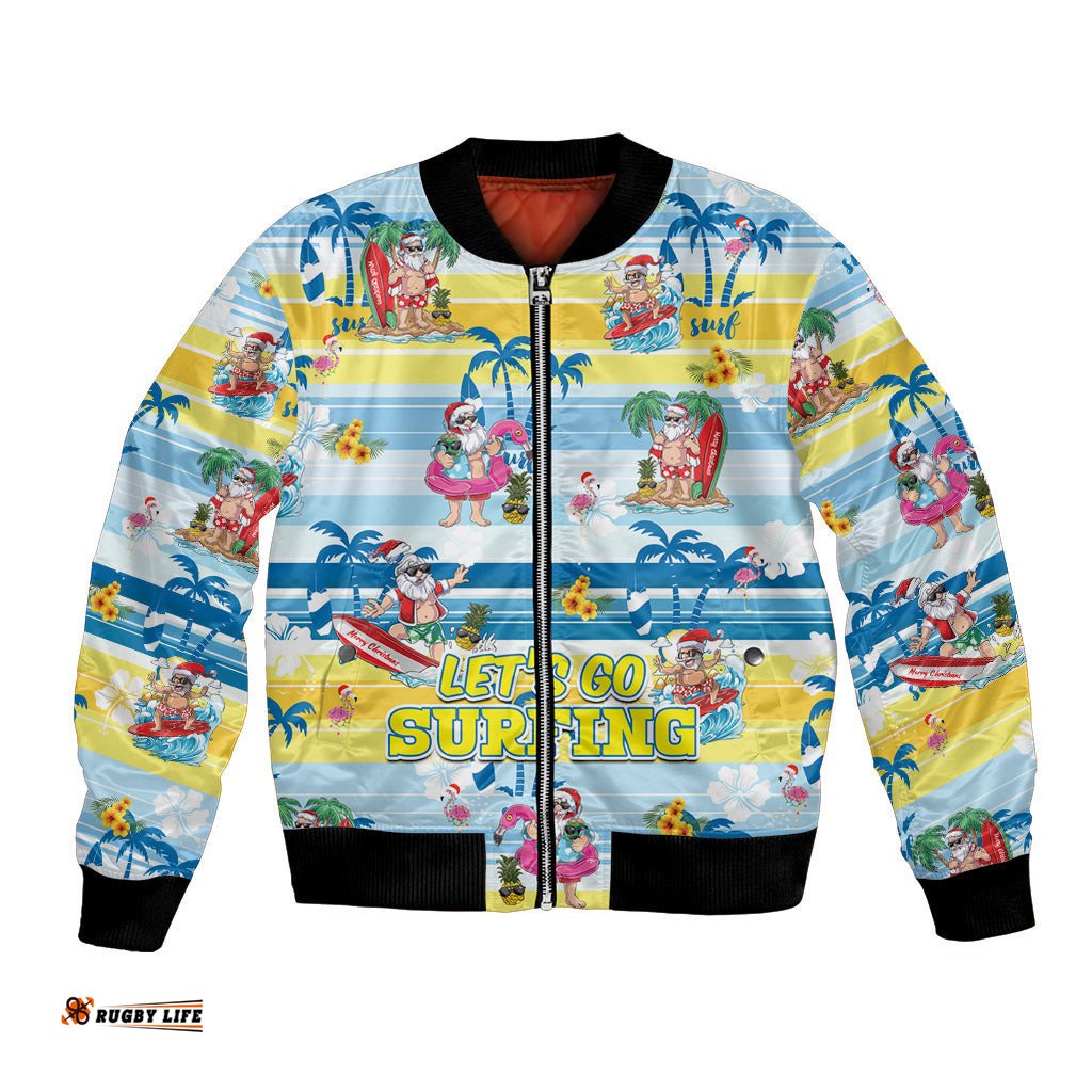 Surfing Christmas Bomber Jacket Tropical Santa Let's Go Surfing