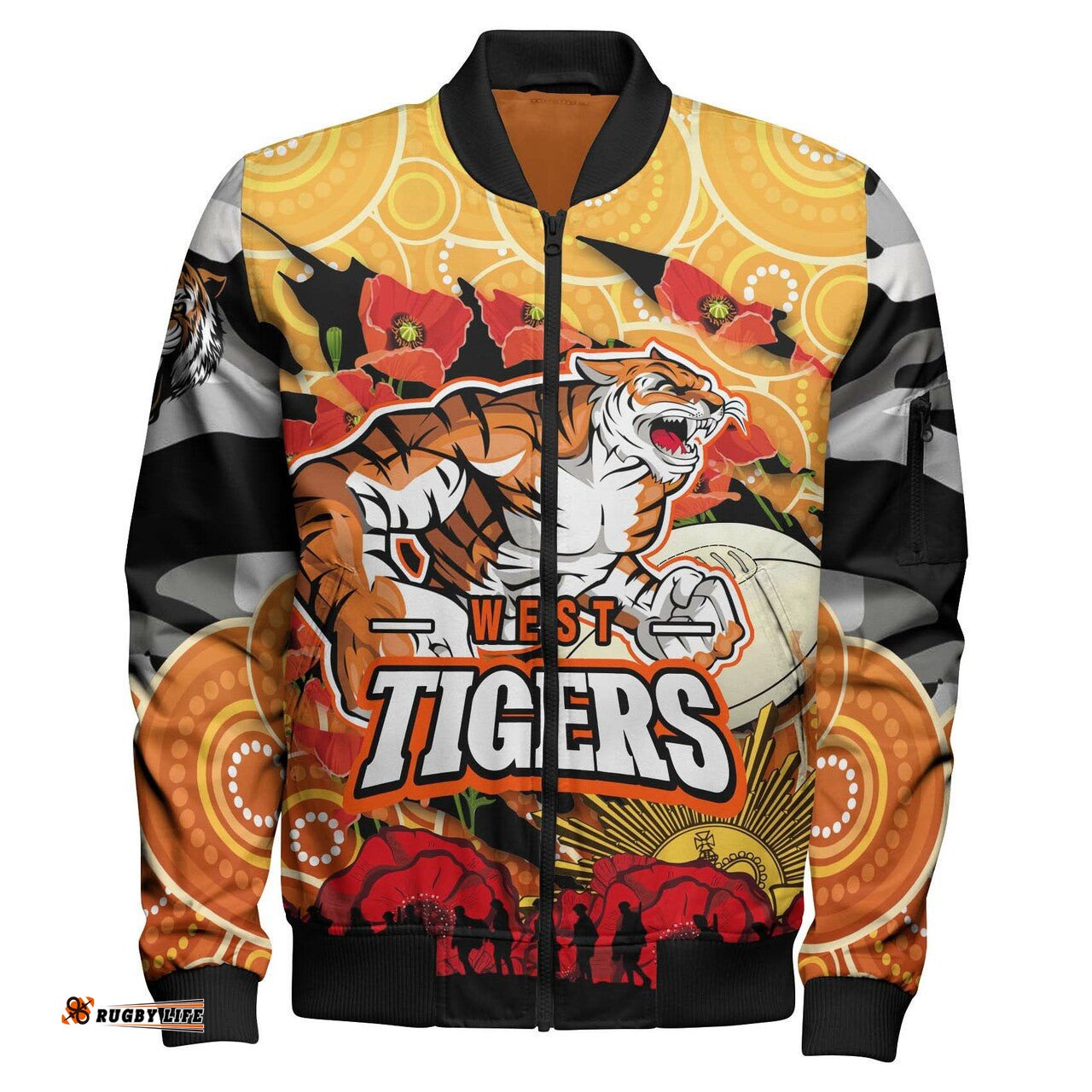 Tigers Rugby Anzac Aboriginal Bomber Jacket - Custom Tigers Rugby with Remembrance Day Poppy Flower Bomber Jacket