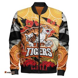 Tigers Rugby Anzac Aboriginal Bomber Jacket - Custom Tigers Rugby with Remembrance Day Poppy Flower Bomber Jacket