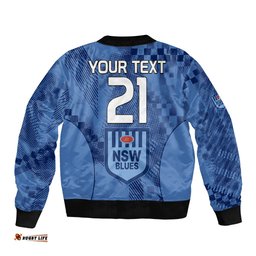 Custom Text And Number NSW Blues Rugby Bomber Jacket Origin New South Wales Sporty Style