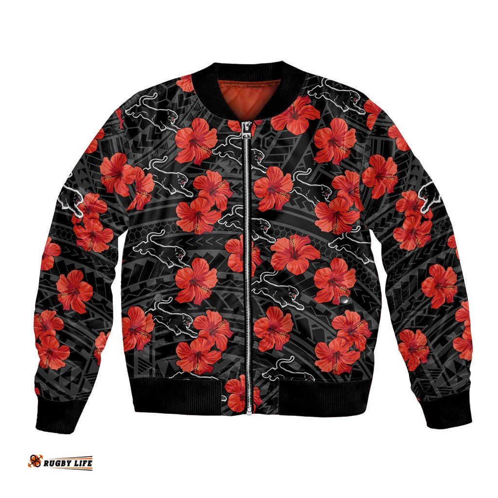 Panthers Rugby Bomber Jacket Polynesian Style With Hibiscus