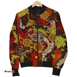 Aboriginal Women's Bomber Jacket , Kangaroo and Lizard Dot Painting Art