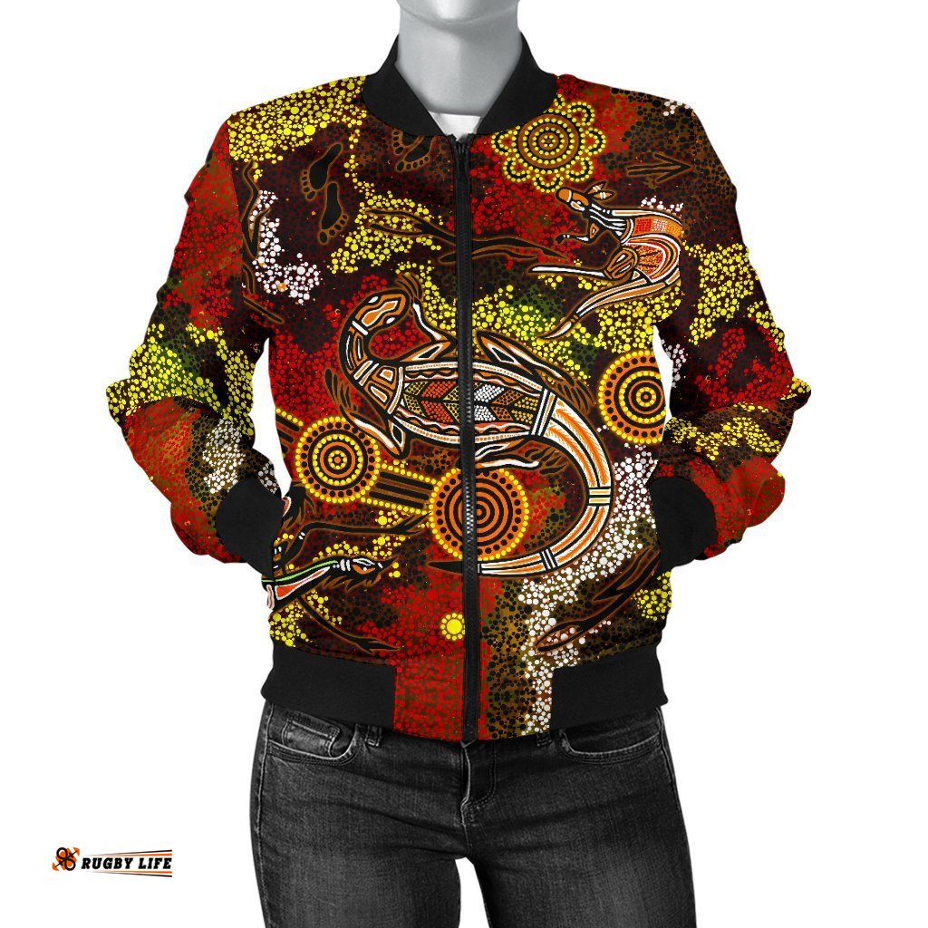 Aboriginal Women's Bomber Jacket , Kangaroo and Lizard Dot Painting Art