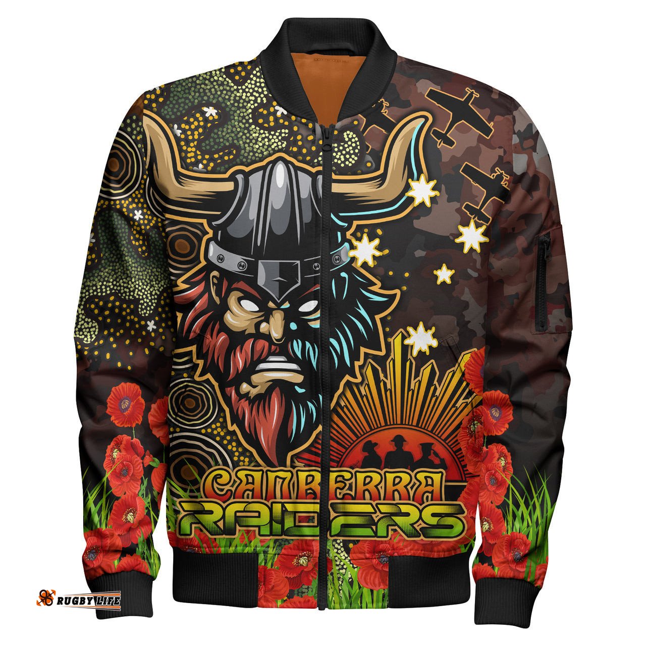 Raiders Rugby Bomber Jacket - Custom Anzac Raiders with Remembrance Poppy and Indigenous Patterns Bomber Jacket RLT13