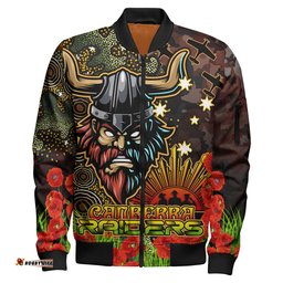Raiders Rugby Bomber Jacket - Custom Anzac Raiders with Remembrance Poppy and Indigenous Patterns Bomber Jacket RLT13