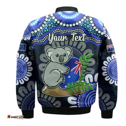 Custom Personalised Australia Koala Aboriginal Bomber Jacket Koala Hugging Rugby Ball Blue