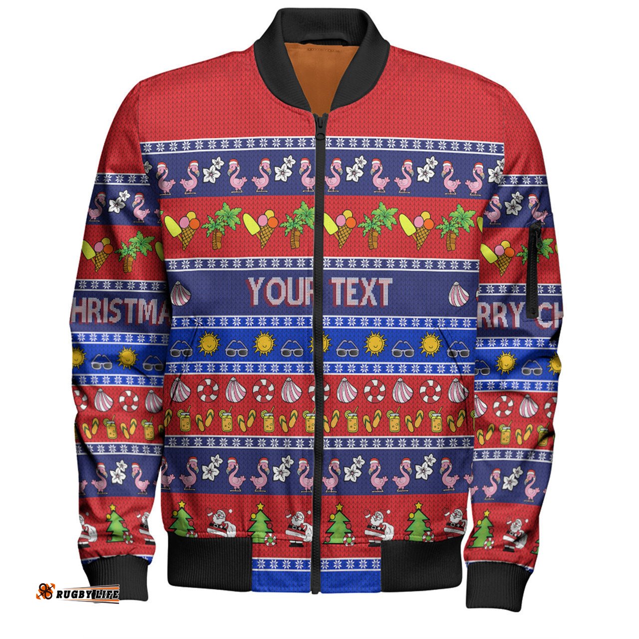 Australia Christmas Custom Bomber Jacket - Aussie Christmas Flamingo Summer Vibes Blue Bomber Jacket