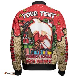Redcliffe Dolphins Christmas Custom Bomber Jacket - Merry Christmas Our Beloved Team With Aboriginal Dot Art Pattern Bomber Jacket