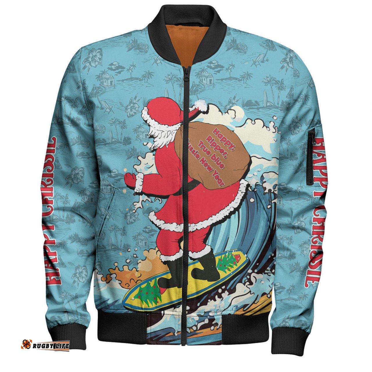 Australia Surfing Christmas Bomber Jacket - Santa Happy Chrissie Tropical Pattern Bomber Jacket