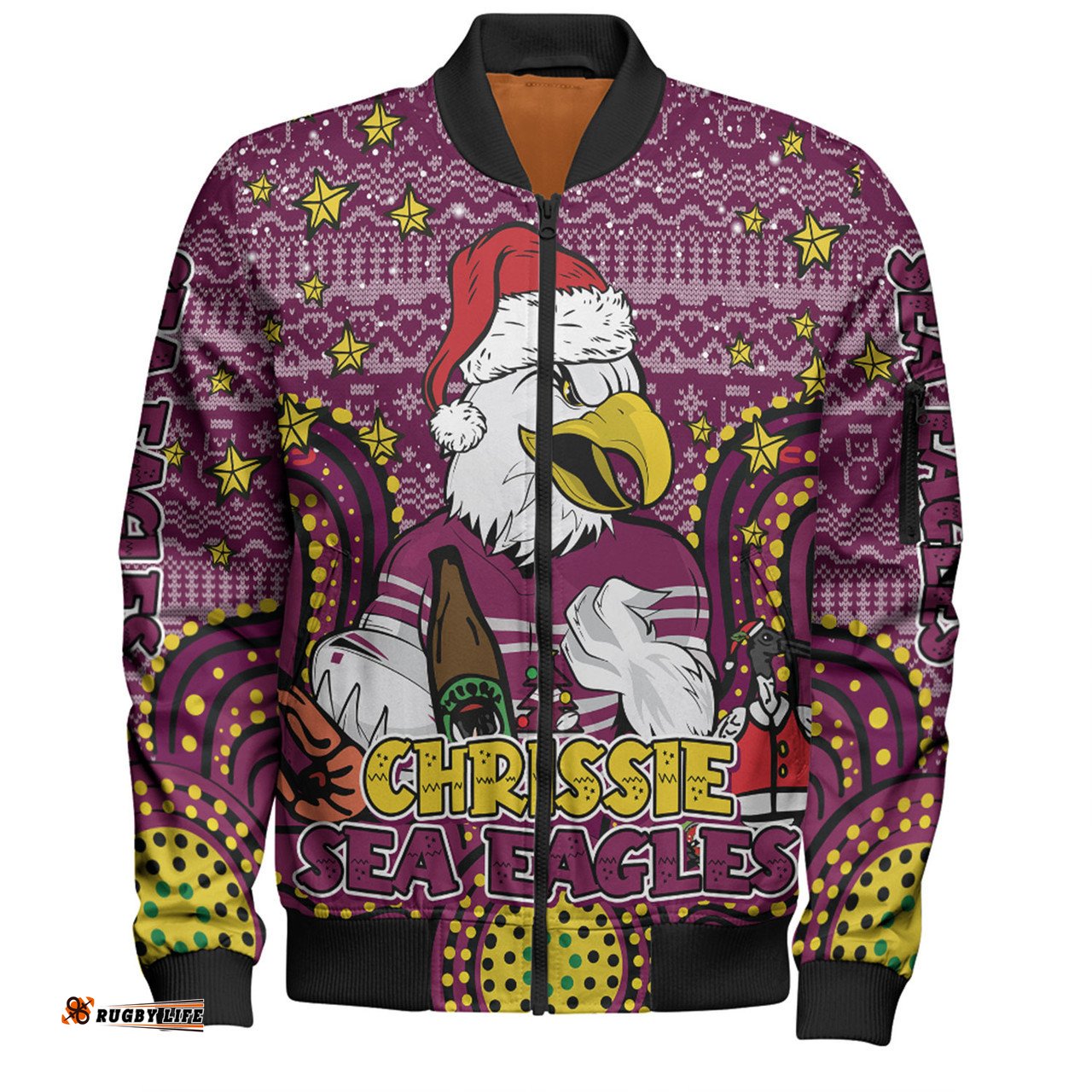Manly Warringah Sea Eagles Christmas Custom Bomber Jacket - Christmas Knit Patterns Vintage Jersey Ugly Bomber Jacket
