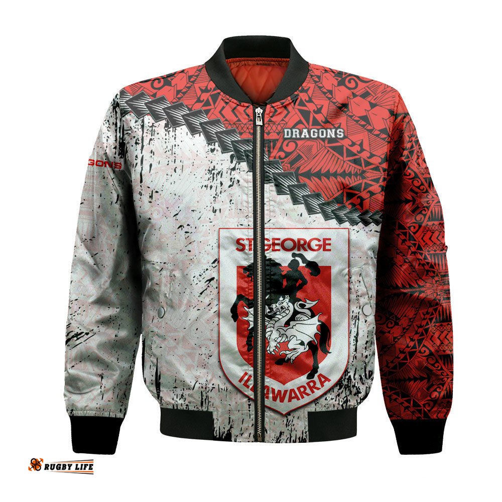 St. George Illawarra Dragons Bomber Jacket Grunge Polynesian Tattoo - NRL