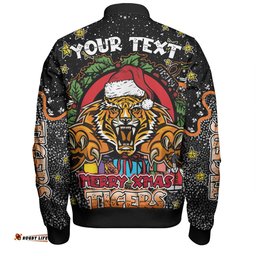 Wests Tigers Christmas Custom Bomber Jacket - Merry Christmas Our Beloved Team With Aboriginal Dot Art Pattern Bomber Jacket