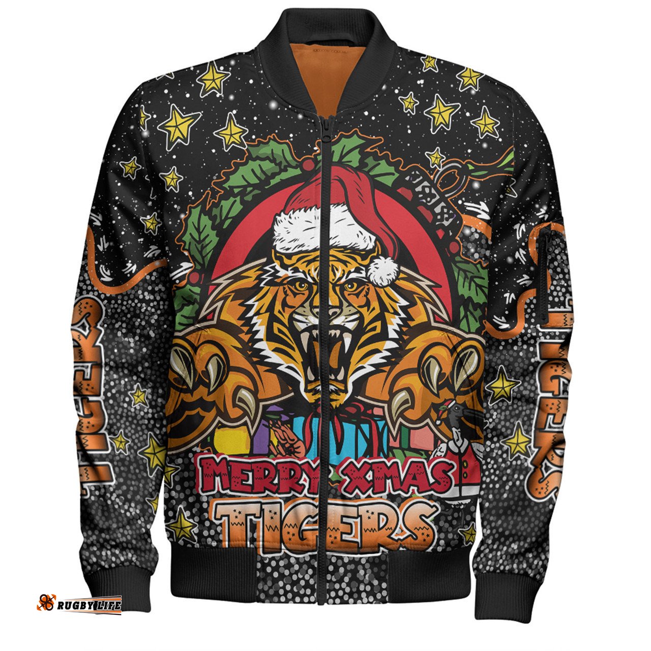Wests Tigers Christmas Custom Bomber Jacket - Merry Christmas Our Beloved Team With Aboriginal Dot Art Pattern Bomber Jacket