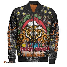 Wests Tigers Christmas Custom Bomber Jacket - Merry Christmas Our Beloved Team With Aboriginal Dot Art Pattern Bomber Jacket