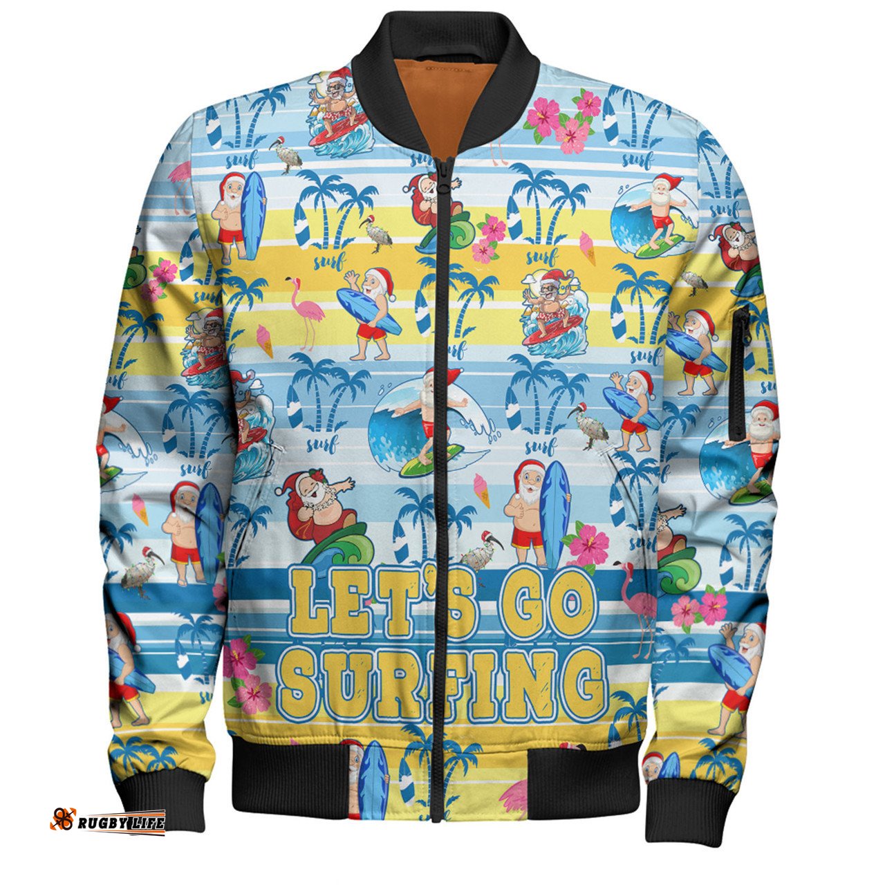Australia Surfing Christmas Bomber Jacket - Tropical Santa Let's Go Surfing Bomber Jacket